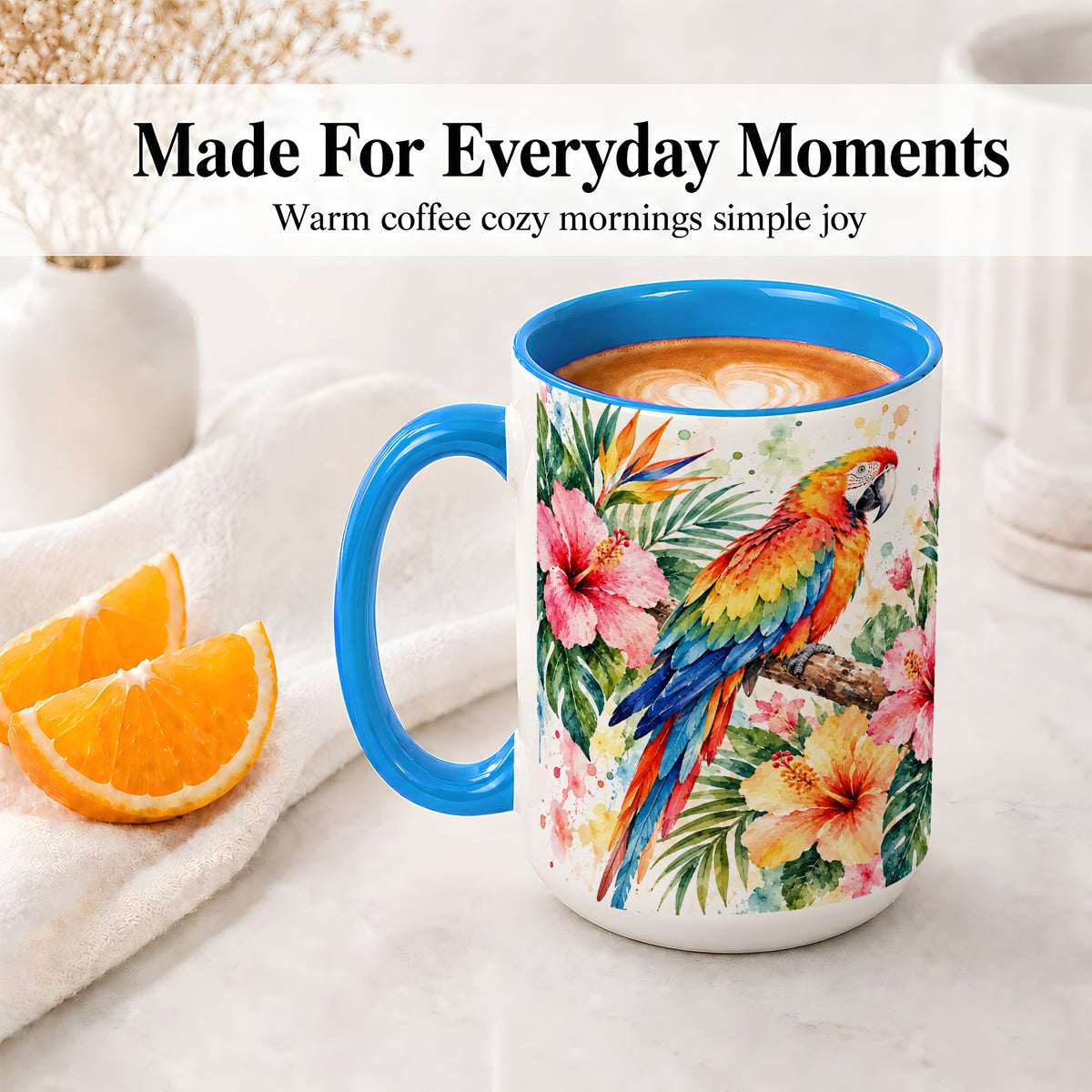 #pl[15oz|Blue] Tropical Macaw Hibiscus Ceramic Mug for Bird Lovers