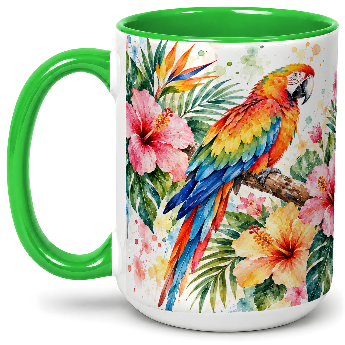 #pl[15oz|Green] Tropical Macaw Hibiscus Ceramic Mug for Bird Lovers