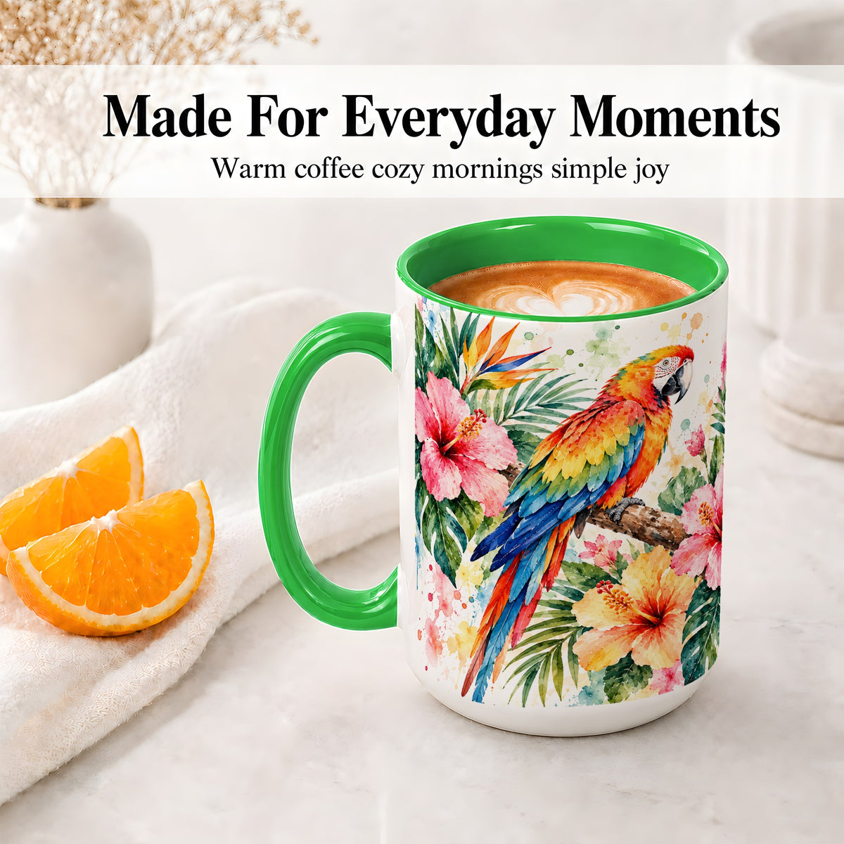 #pl[15oz|Green] Tropical Macaw Hibiscus Ceramic Mug for Bird Lovers