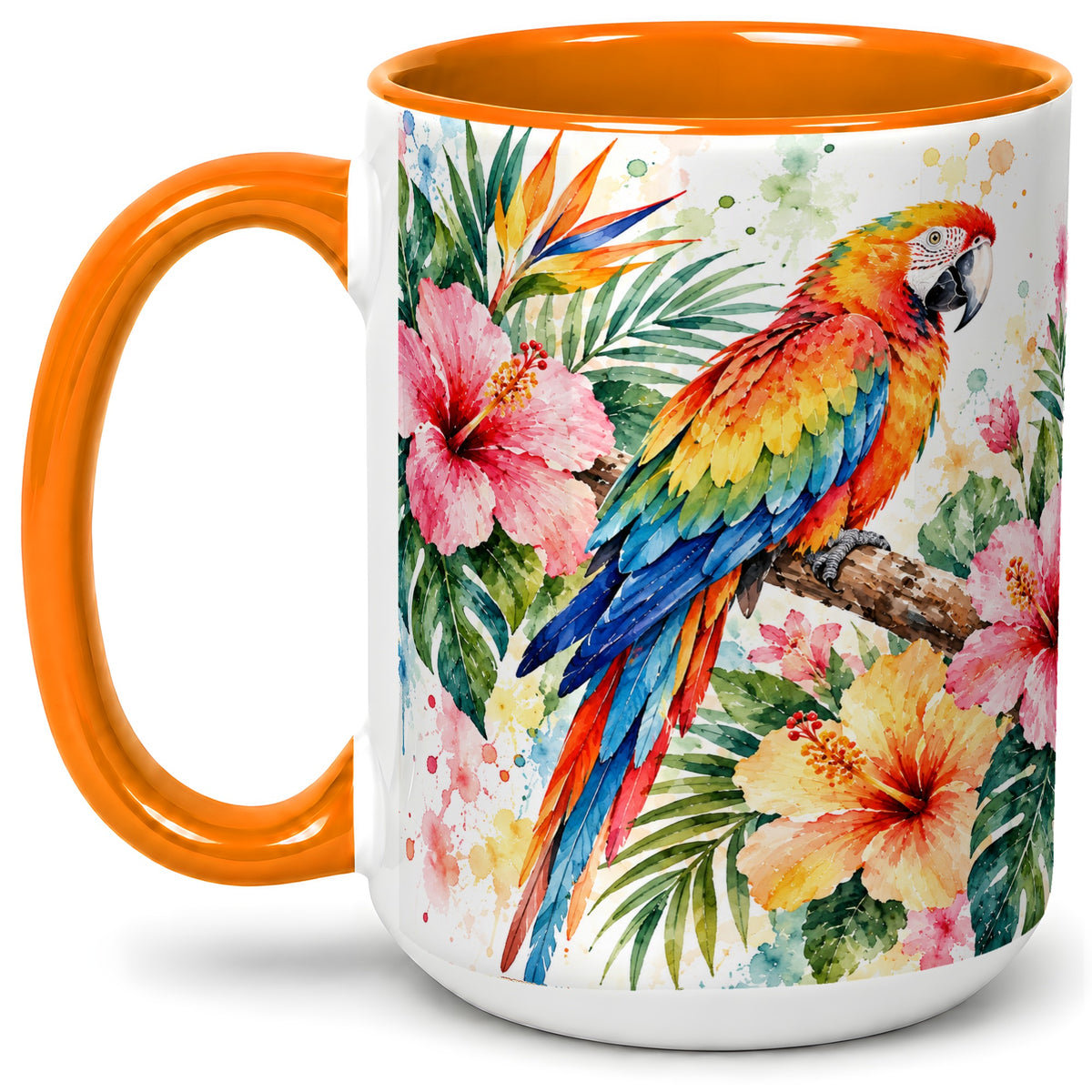 #pl[15oz|Orange] Tropical Macaw Hibiscus Ceramic Mug for Bird Lovers