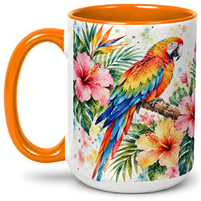 #pl[15oz|Orange] Tropical Macaw Hibiscus Ceramic Mug for Bird Lovers
