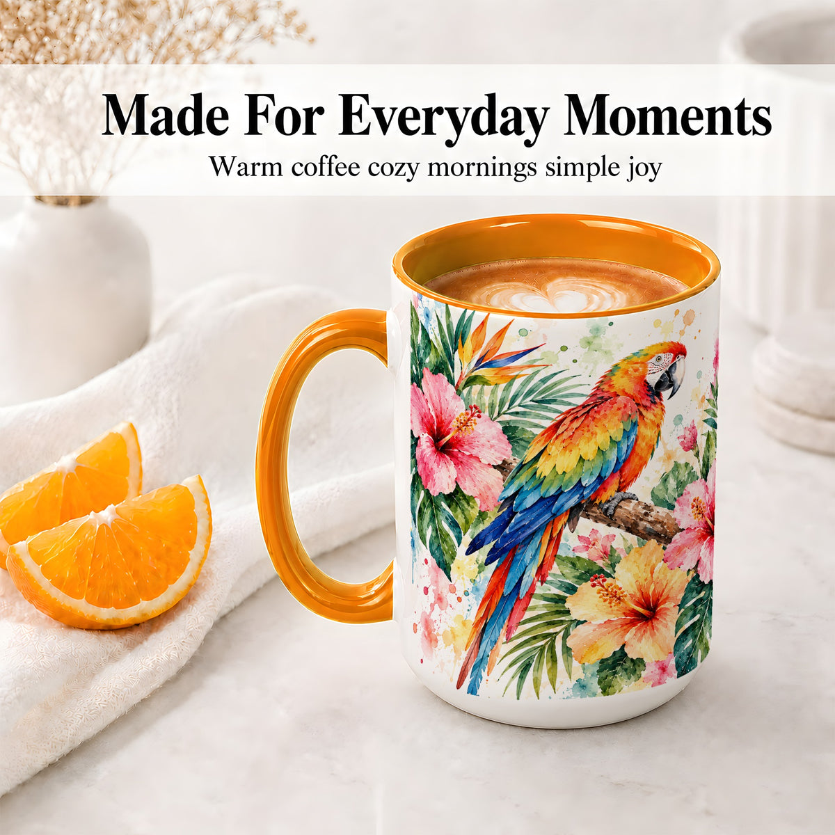 #pl[15oz|Orange] Tropical Macaw Hibiscus Ceramic Mug for Bird Lovers