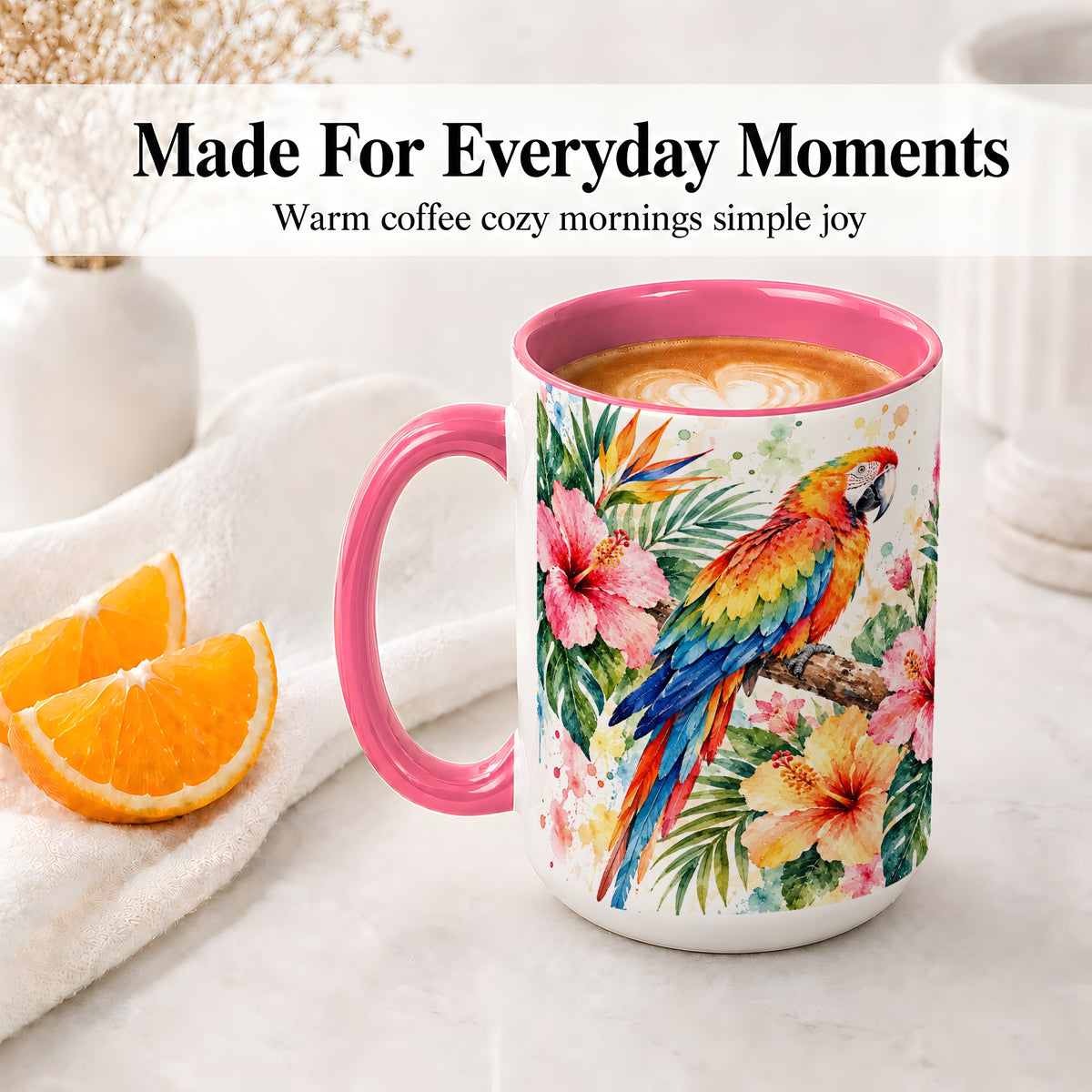 #pl[15oz|Pink] Tropical Macaw Hibiscus Ceramic Mug for Bird Lovers
