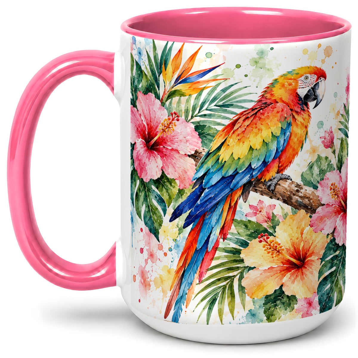 #pl[15oz|Pink] Tropical Macaw Hibiscus Ceramic Mug for Bird Lovers