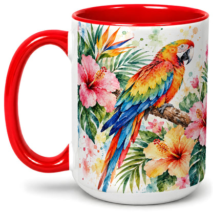 #pl[15oz|Red] Tropical Macaw Hibiscus Ceramic Mug for Bird Lovers