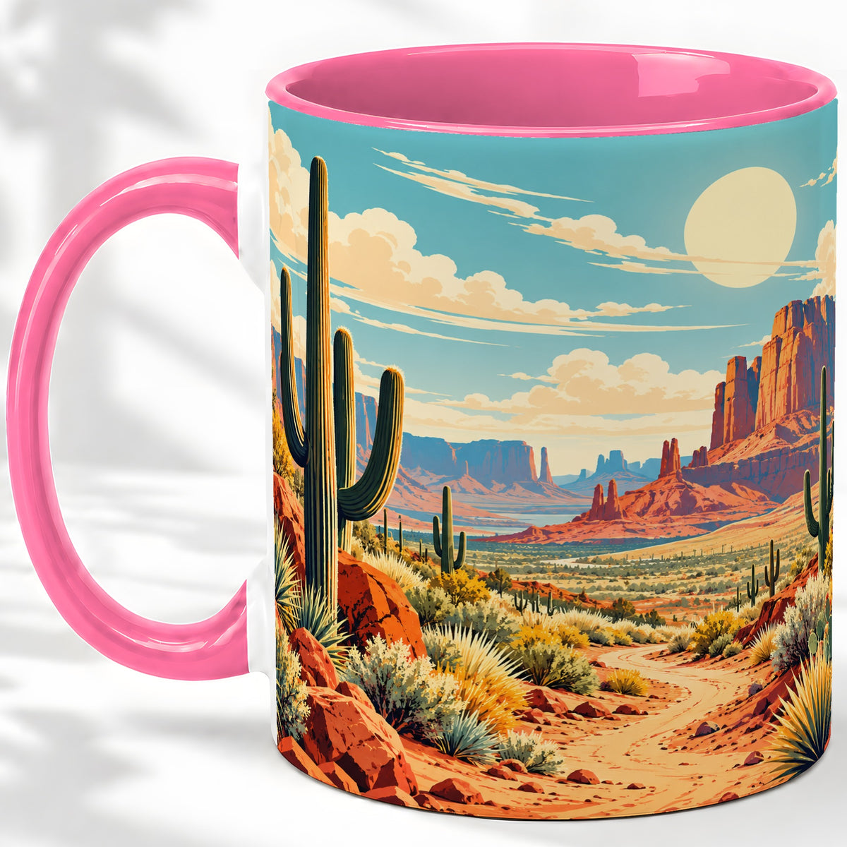 #pl[11oz|Pink] Desert Cactus Accent Mug, Ceramic Drinkware for Desert Lovers