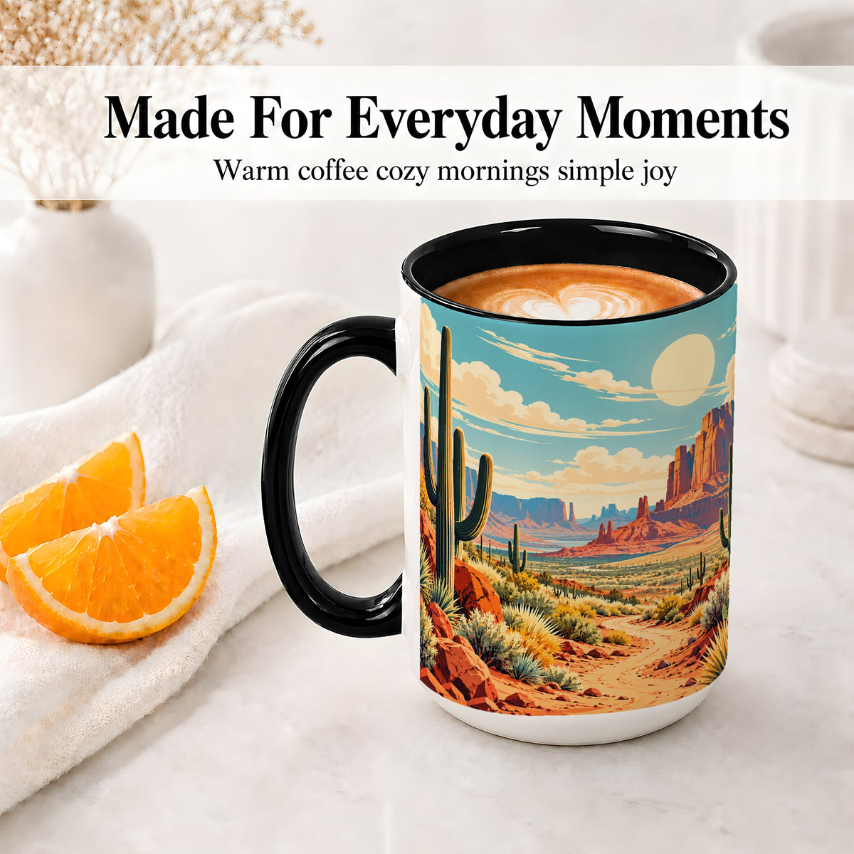 #pl[15oz|Black] Desert Cactus Accent Mug, Ceramic Drinkware for Desert Lovers
