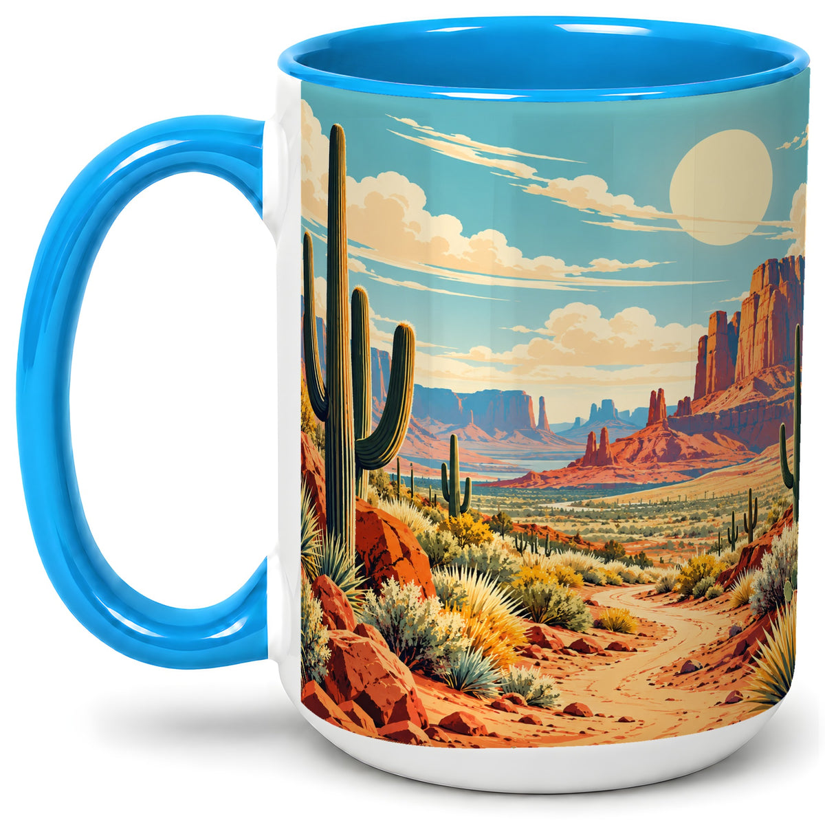 #pl[15oz|Blue] Desert Cactus Accent Mug, Ceramic Drinkware for Desert Lovers