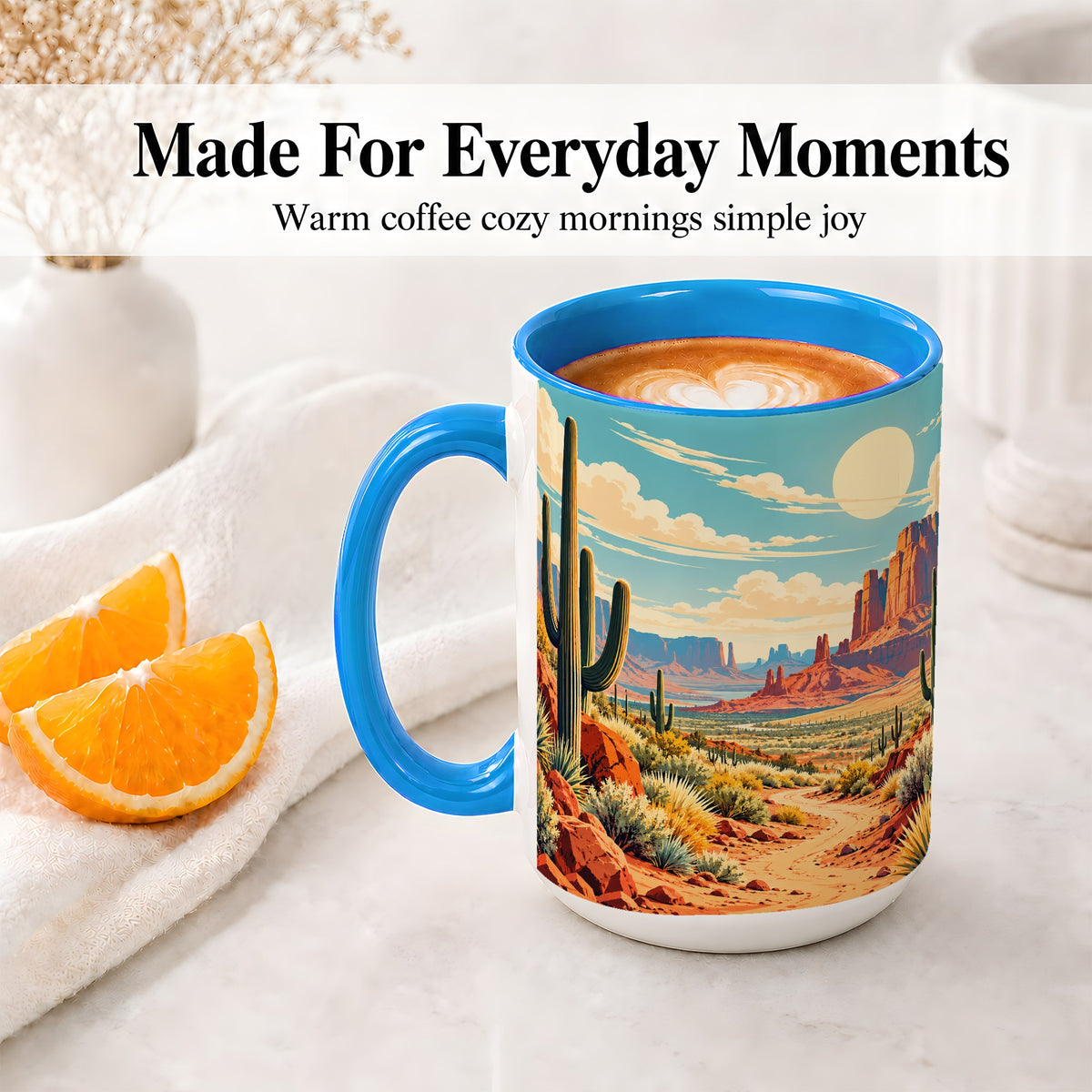 #pl[15oz|Blue] Desert Cactus Accent Mug, Ceramic Drinkware for Desert Lovers