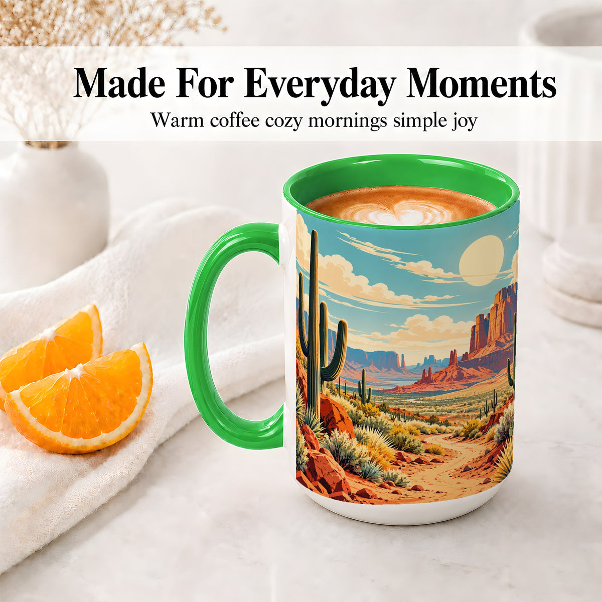#pl[15oz|Green] Desert Cactus Accent Mug, Ceramic Drinkware for Desert Lovers