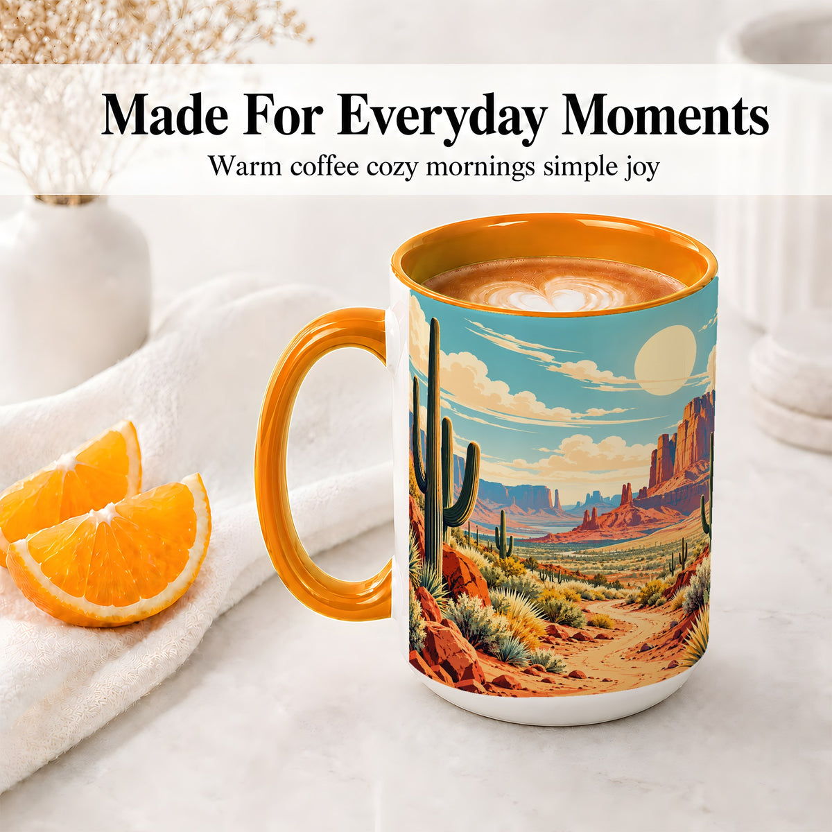 #pl[15oz|Orange] Desert Cactus Accent Mug, Ceramic Drinkware for Desert Lovers