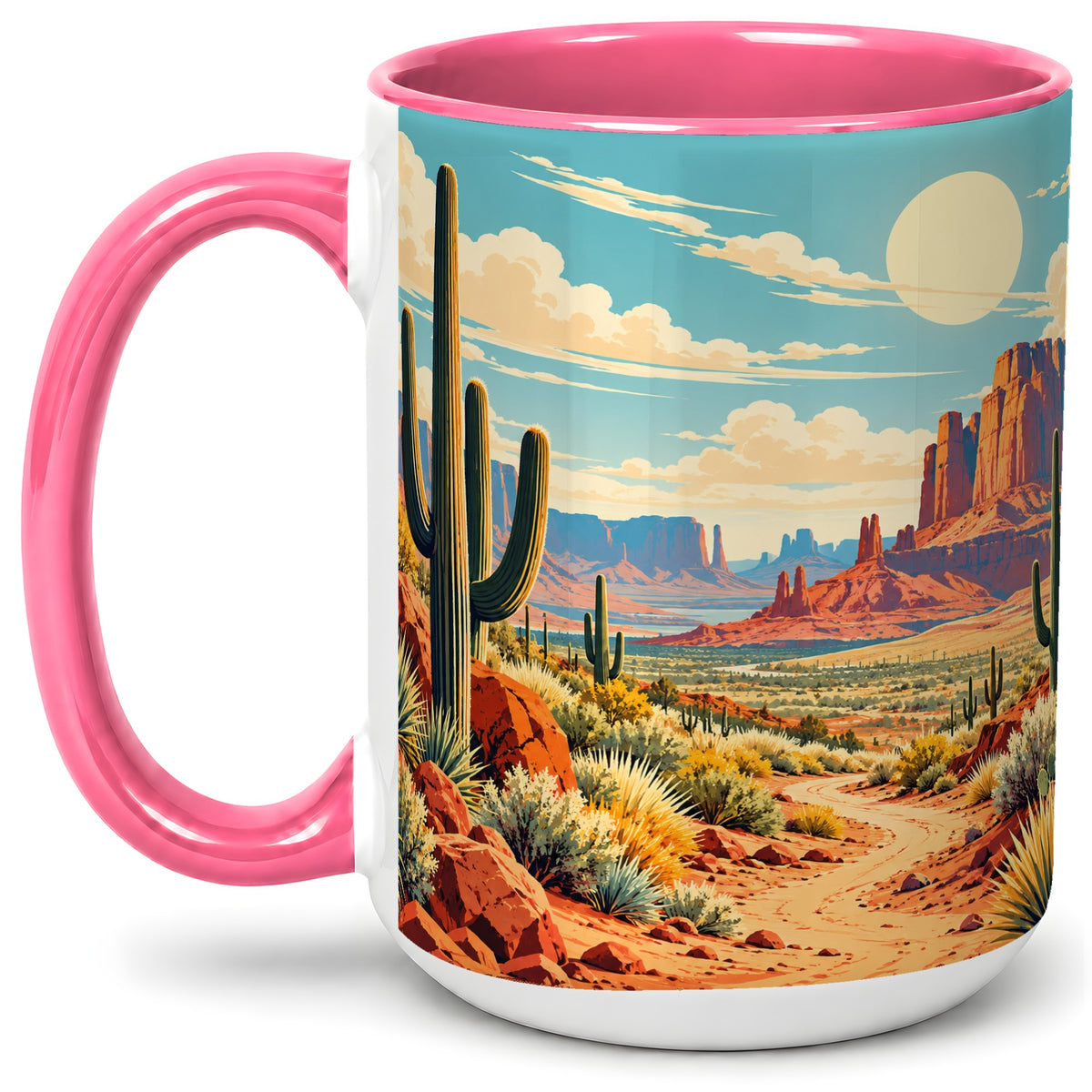 #pl[15oz|Pink] Desert Cactus Accent Mug, Ceramic Drinkware for Desert Lovers