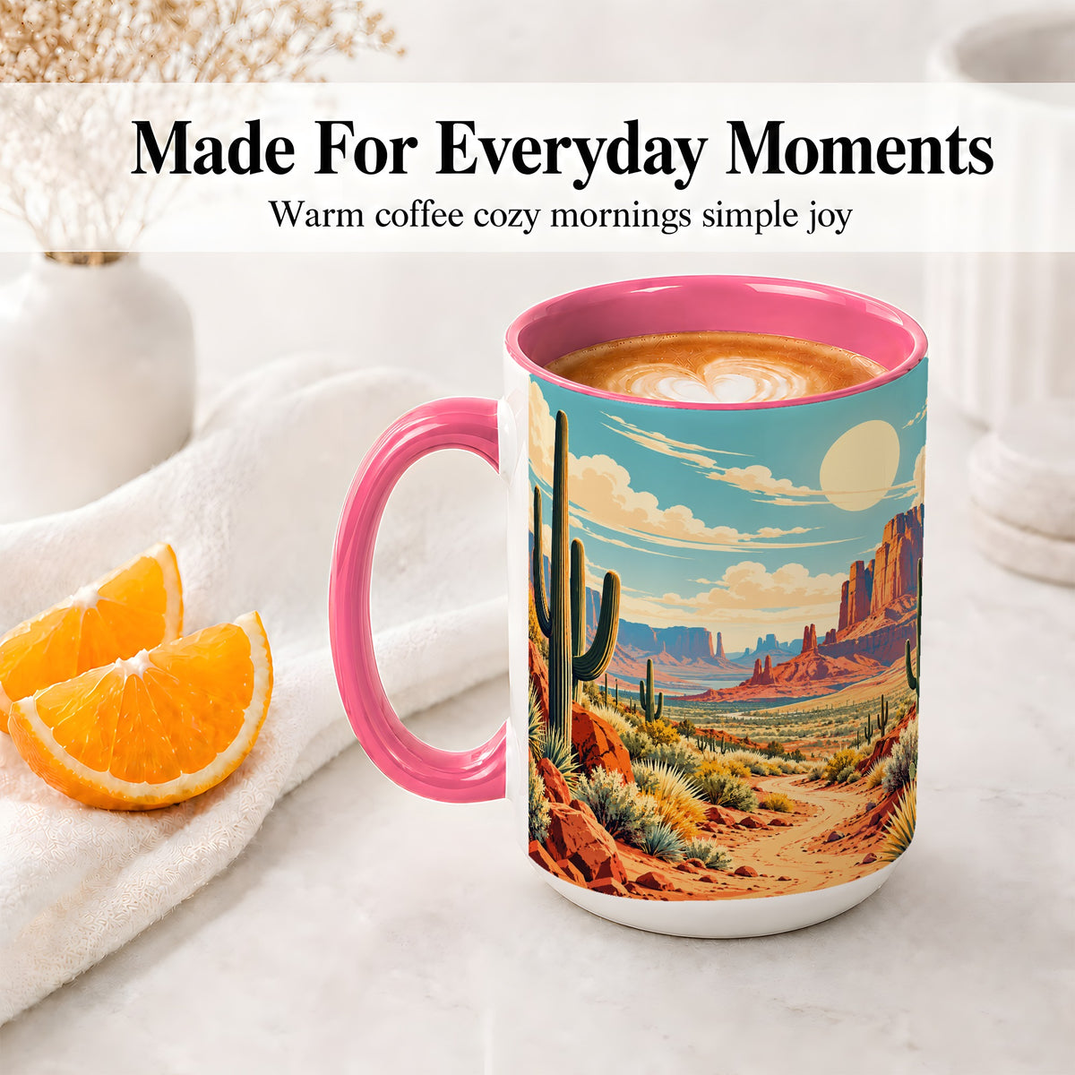 #pl[15oz|Pink] Desert Cactus Accent Mug, Ceramic Drinkware for Desert Lovers