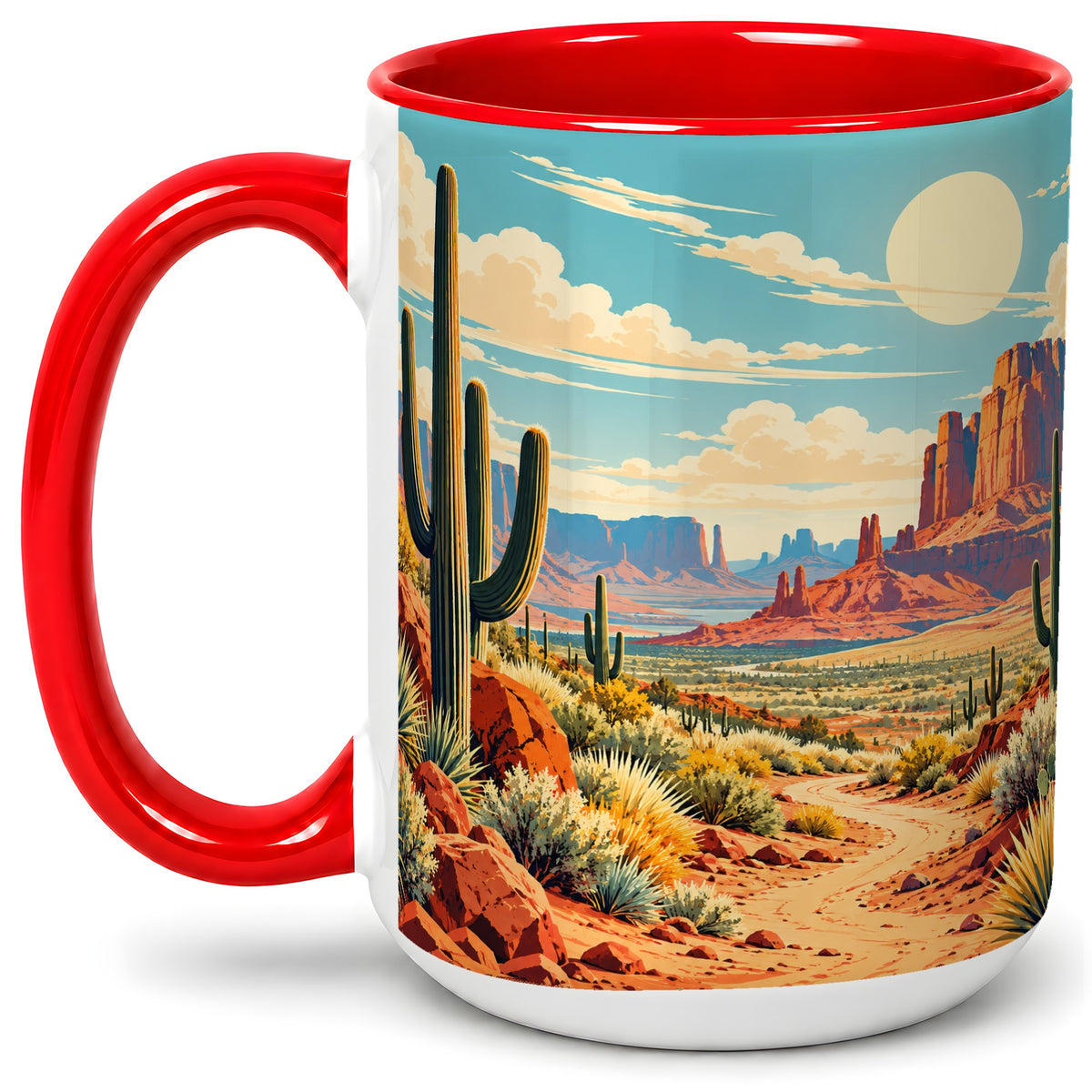 #pl[15oz|Red] Desert Cactus Accent Mug, Ceramic Drinkware for Desert Lovers