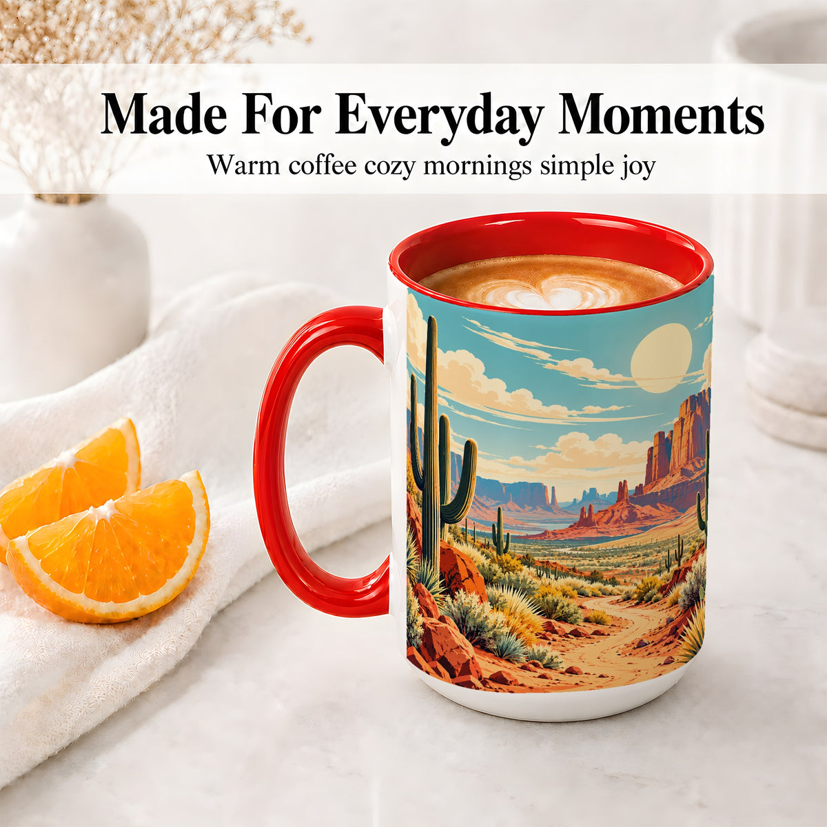 #pl[15oz|Red] Desert Cactus Accent Mug, Ceramic Drinkware for Desert Lovers