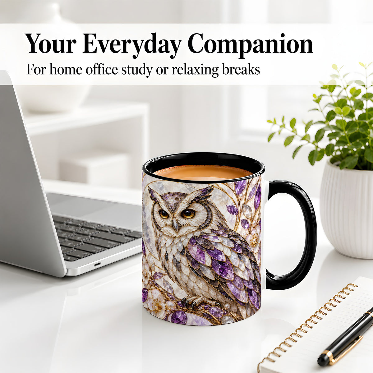 #pl[11oz|Black] Purple Owl Accent Mug, Ceramic Drinkware for Owl Lovers