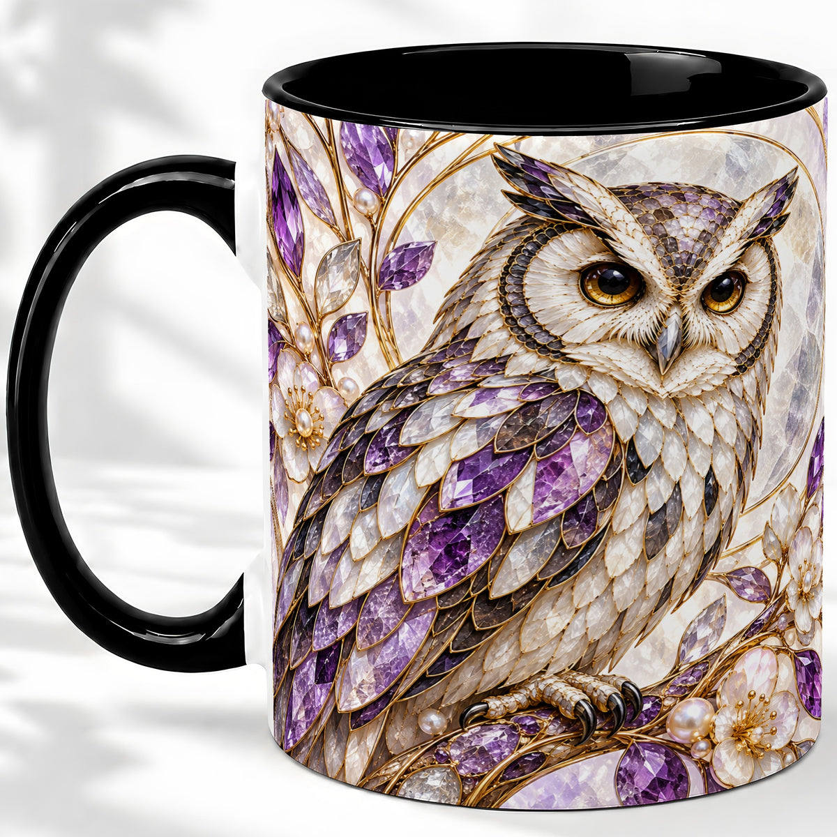 #pl[11oz|Black] Purple Owl Accent Mug, Ceramic Drinkware for Owl Lovers