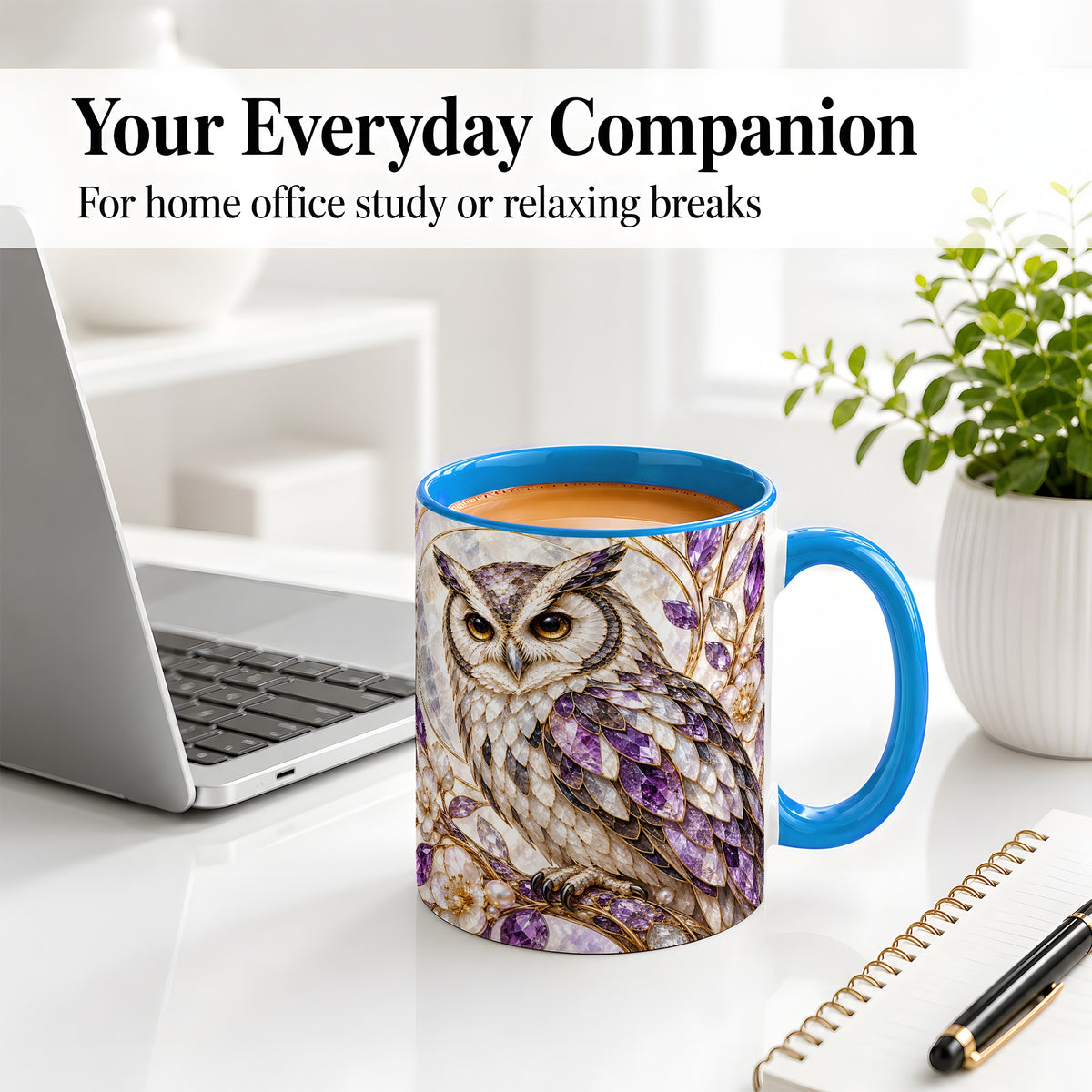 #pl[11oz|Blue] Purple Owl Accent Mug, Ceramic Drinkware for Owl Lovers