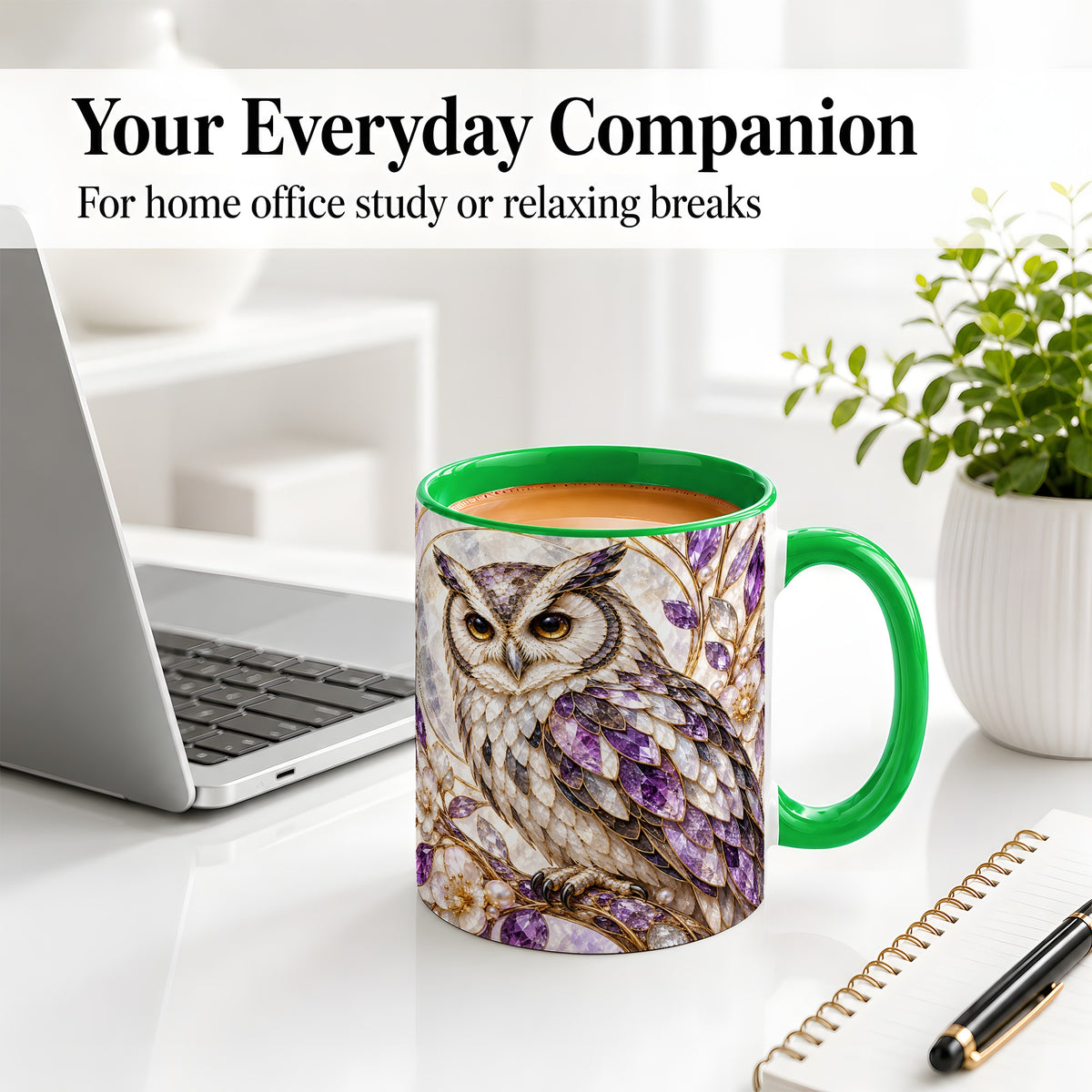 #pl[11oz|Green] Purple Owl Accent Mug, Ceramic Drinkware for Owl Lovers