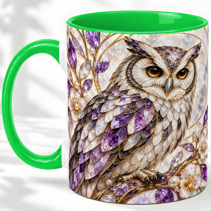 #pl[11oz|Green] Purple Owl Accent Mug, Ceramic Drinkware for Owl Lovers