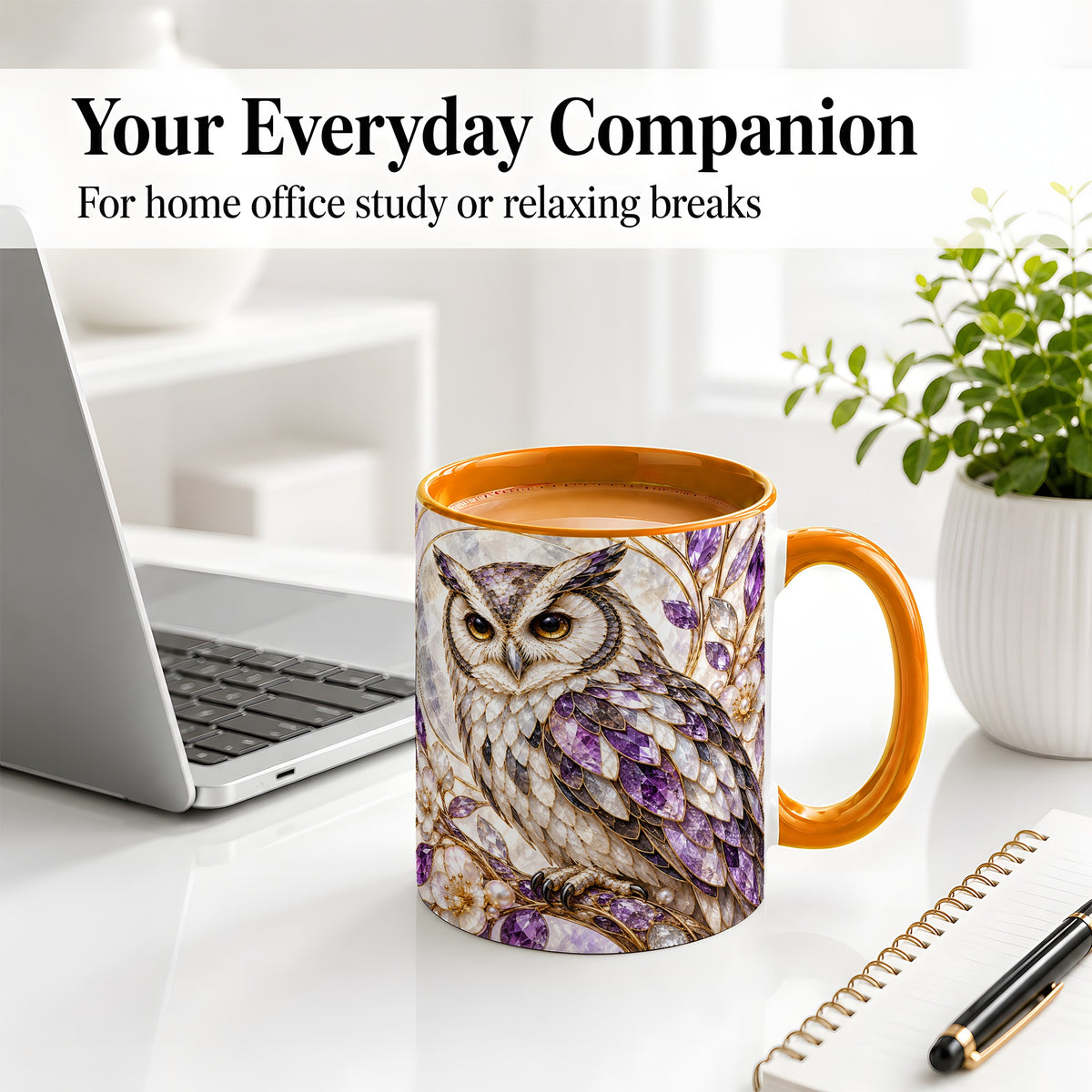 #pl[11oz|Orange] Purple Owl Accent Mug, Ceramic Drinkware for Owl Lovers