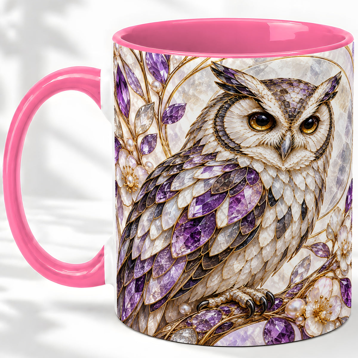 #pl[11oz|Pink] Purple Owl Accent Mug, Ceramic Drinkware for Owl Lovers