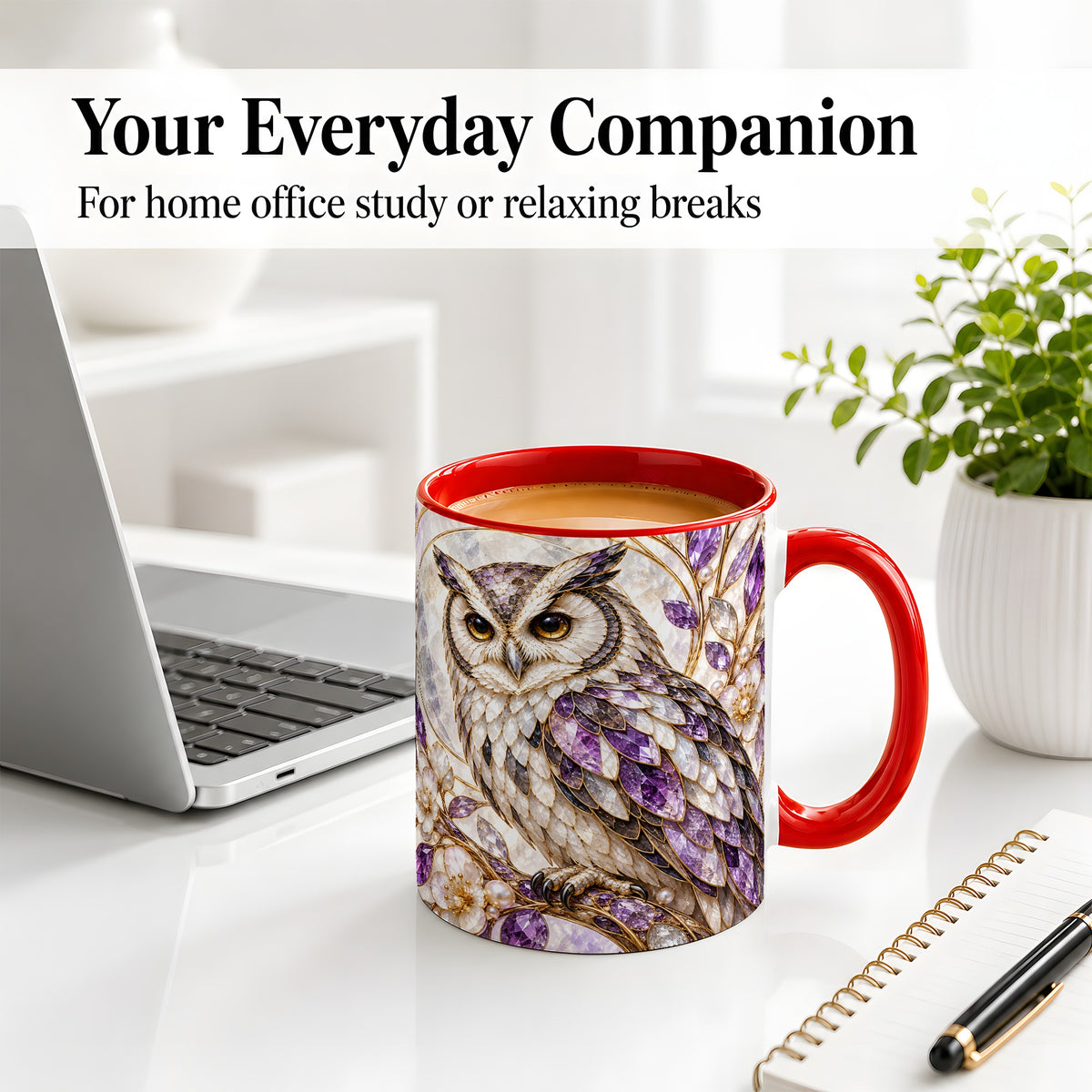 #pl[11oz|Red] Purple Owl Accent Mug, Ceramic Drinkware for Owl Lovers
