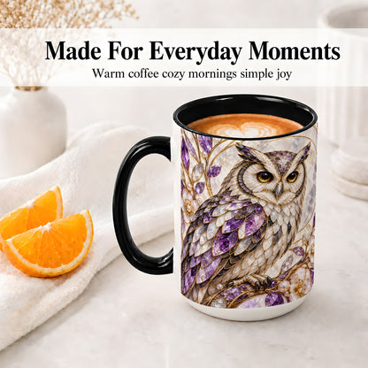 #pl[15oz|Black] Purple Owl Accent Mug, Ceramic Drinkware for Owl Lovers