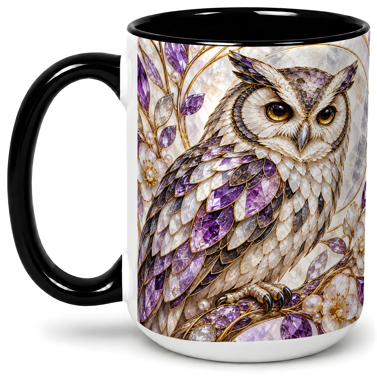 #pl[15oz|Black] Purple Owl Accent Mug, Ceramic Drinkware for Owl Lovers