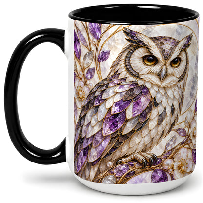 #pl[15oz|Black] Purple Owl Accent Mug, Ceramic Drinkware for Owl Lovers