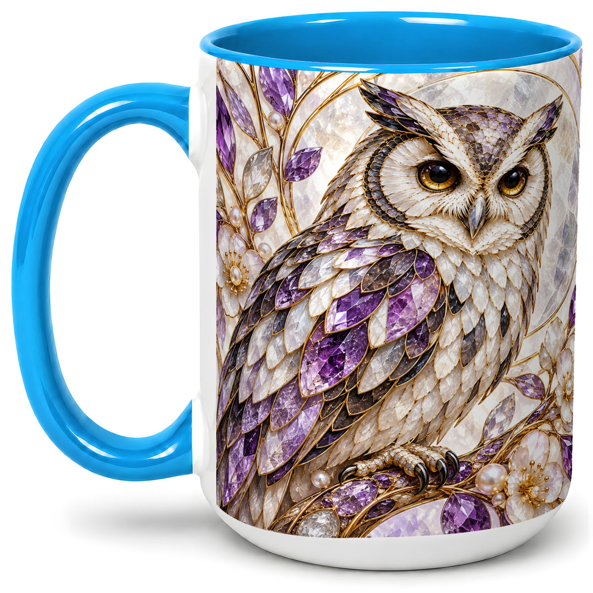 #pl[15oz|Blue] Purple Owl Accent Mug, Ceramic Drinkware for Owl Lovers