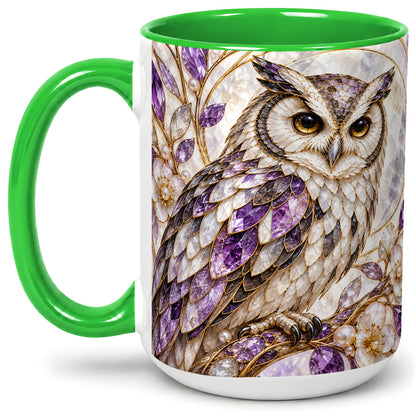 #pl[15oz|Green] Purple Owl Accent Mug, Ceramic Drinkware for Owl Lovers