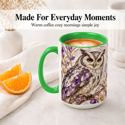 #pl[15oz|Green] Purple Owl Accent Mug, Ceramic Drinkware for Owl Lovers