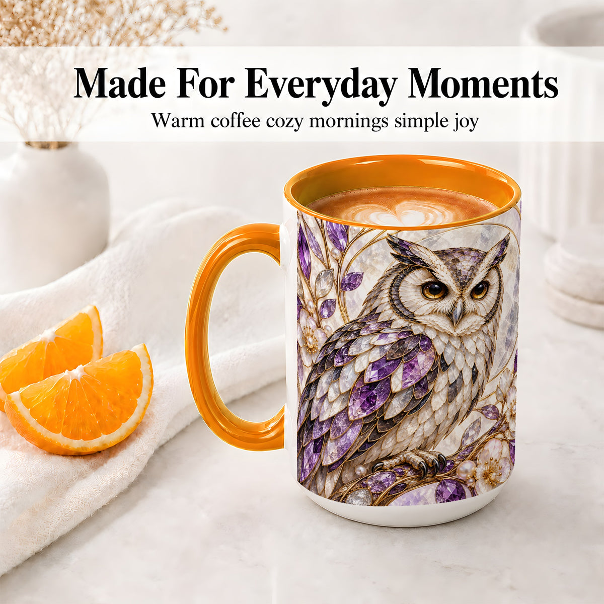 #pl[15oz|Orange] Purple Owl Accent Mug, Ceramic Drinkware for Owl Lovers