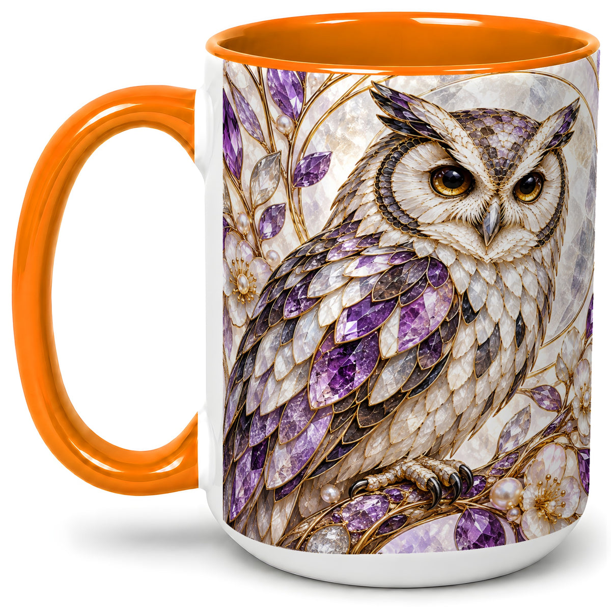 #pl[15oz|Orange] Purple Owl Accent Mug, Ceramic Drinkware for Owl Lovers