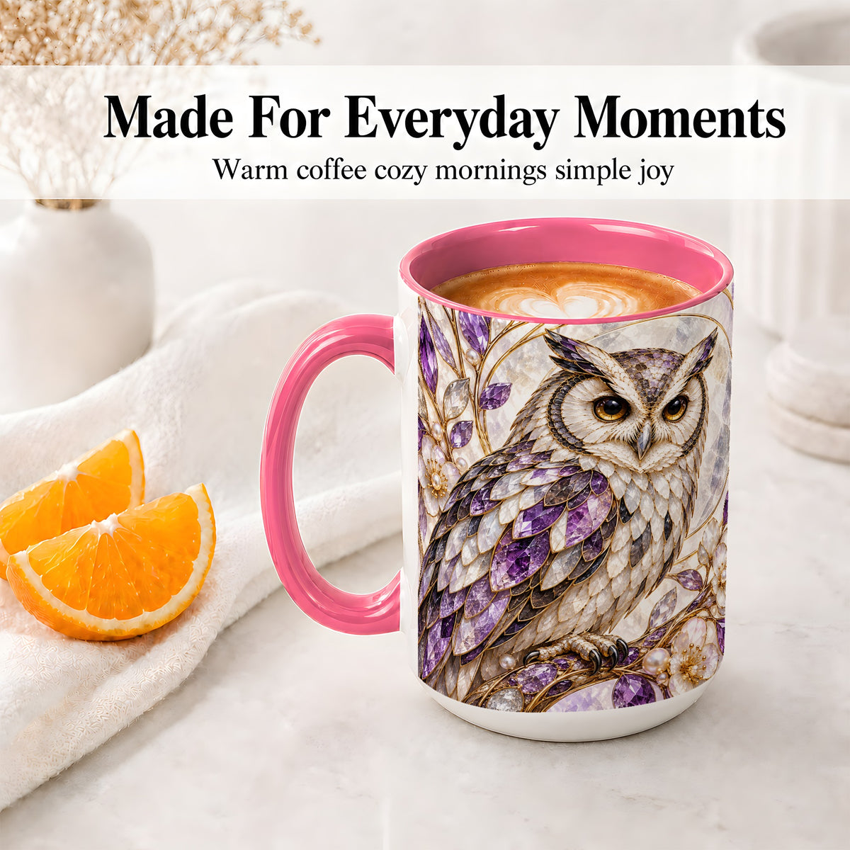 #pl[15oz|Pink] Purple Owl Accent Mug, Ceramic Drinkware for Owl Lovers