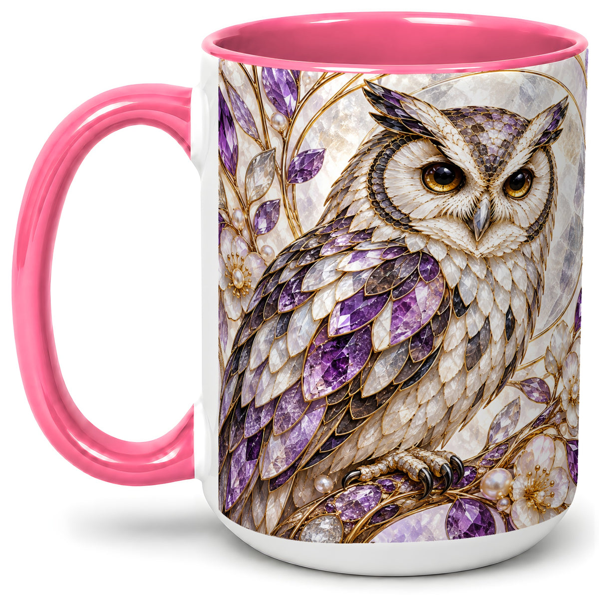 #pl[15oz|Pink] Purple Owl Accent Mug, Ceramic Drinkware for Owl Lovers