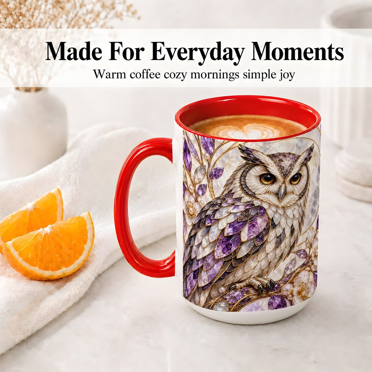 #pl[15oz|Red] Purple Owl Accent Mug, Ceramic Drinkware for Owl Lovers