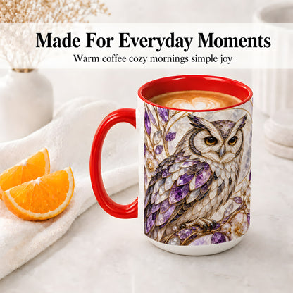 #pl[15oz|Red] Purple Owl Accent Mug, Ceramic Drinkware for Owl Lovers