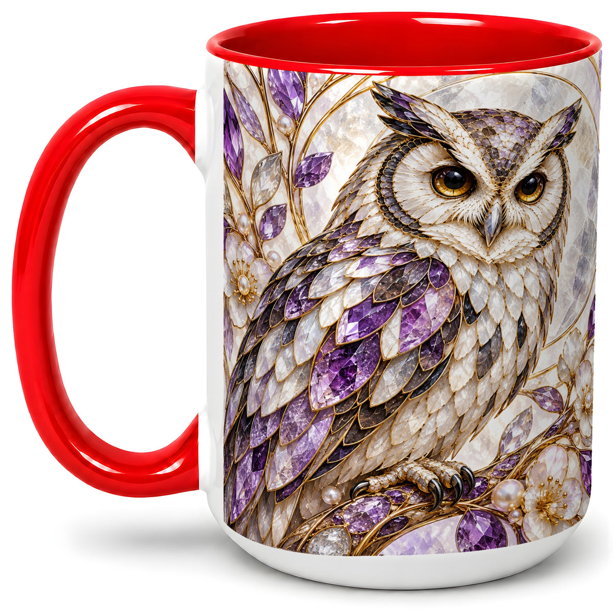 #pl[15oz|Red] Purple Owl Accent Mug, Ceramic Drinkware for Owl Lovers