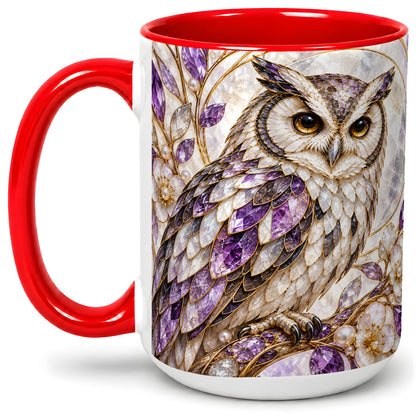 #pl[15oz|Red] Purple Owl Accent Mug, Ceramic Drinkware for Owl Lovers