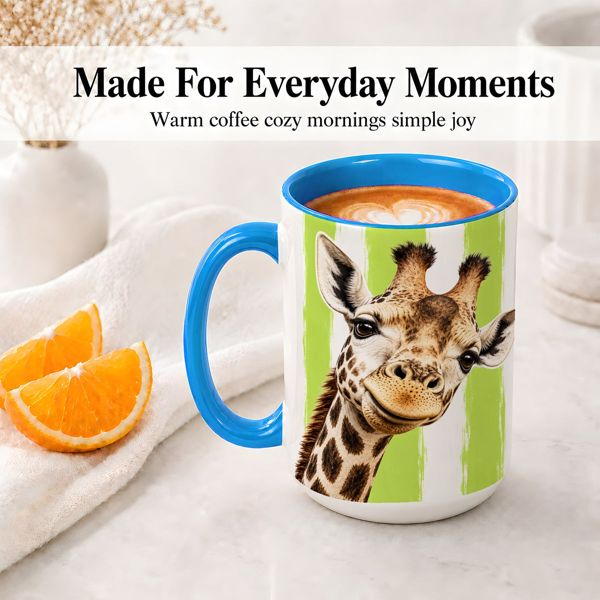 #pl[15oz|Blue] Giraffe Portrait Accent Mug, Ceramic Drinkware for Giraffe Lovers