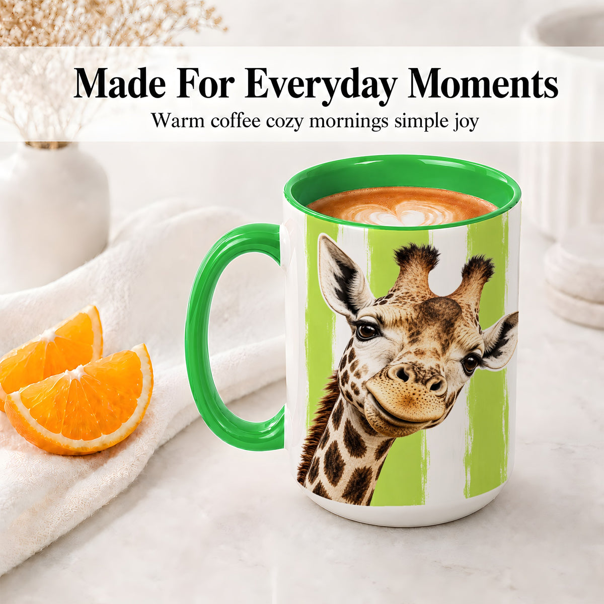 #pl[15oz|Green] Giraffe Portrait Accent Mug, Ceramic Drinkware for Giraffe Lovers