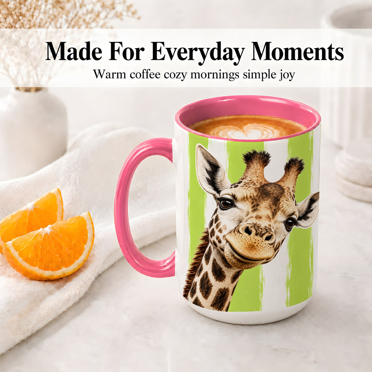#pl[15oz|Pink] Giraffe Portrait Accent Mug, Ceramic Drinkware for Giraffe Lovers