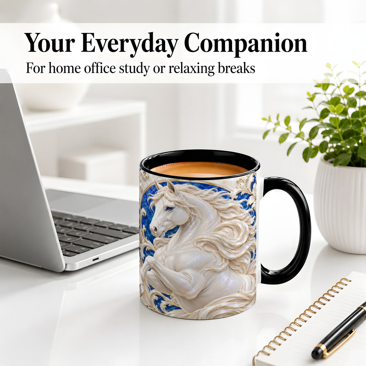 #pl[11oz|Black] White Horse Floral Accent Mug, Ceramic Drinkware for Horse Lovers