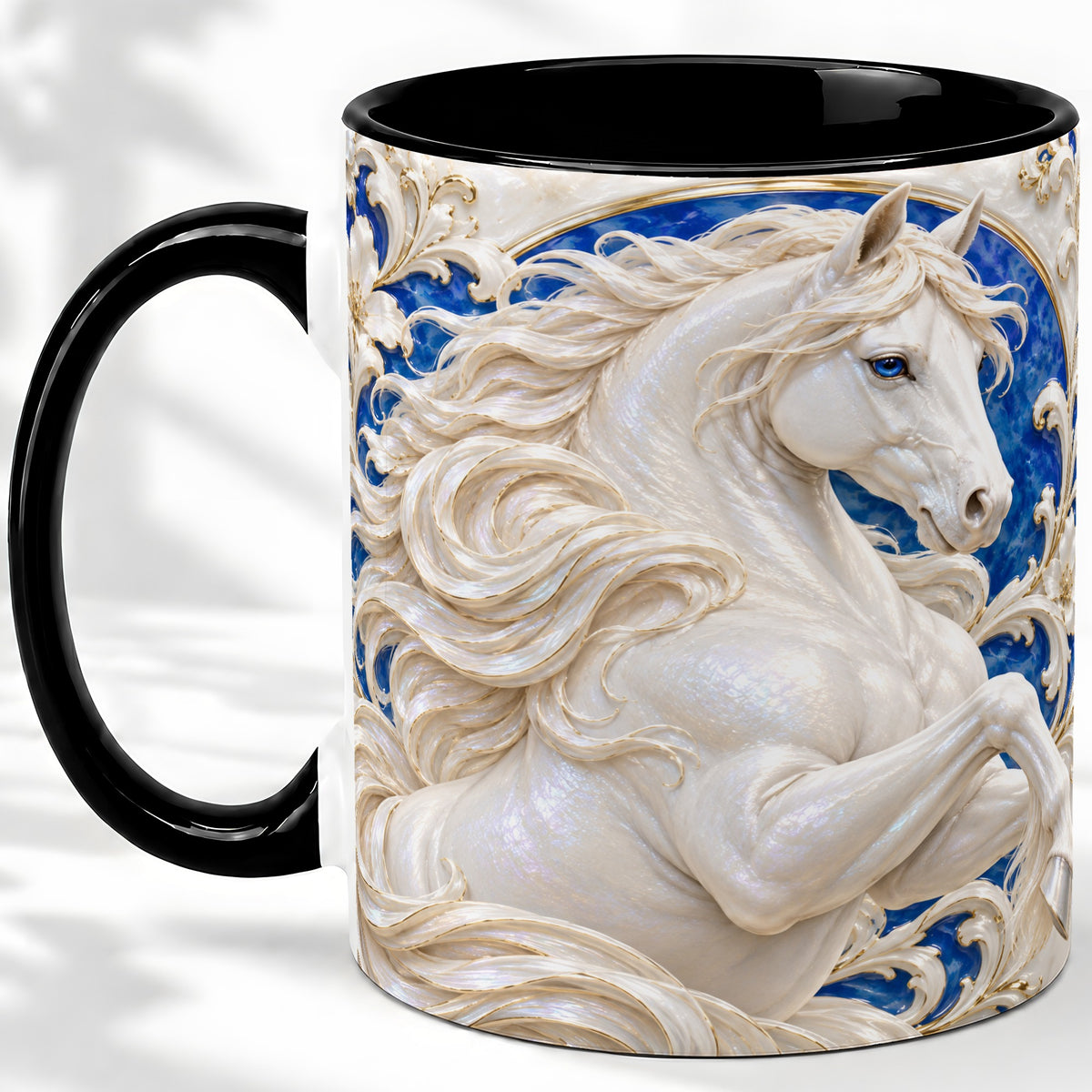 #pl[11oz|Black] White Horse Floral Accent Mug, Ceramic Drinkware for Horse Lovers