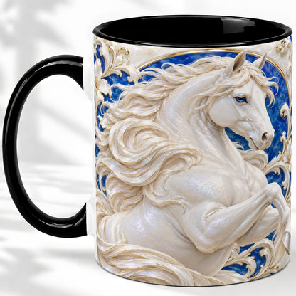 #pl[11oz|Black] White Horse Floral Accent Mug, Ceramic Drinkware for Horse Lovers