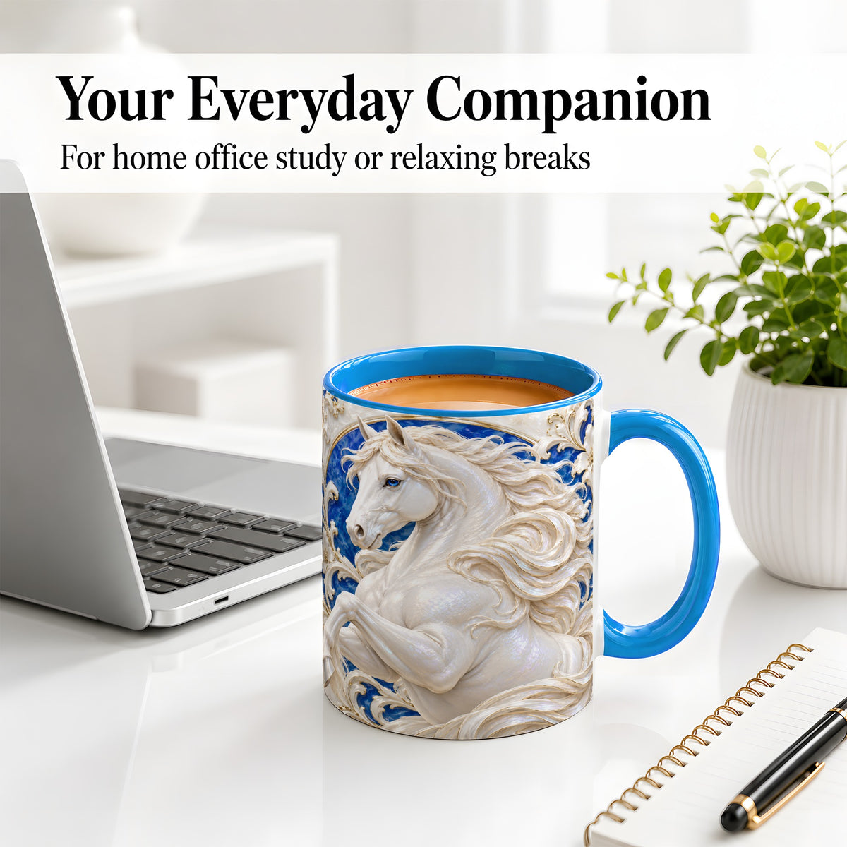 #pl[11oz|Blue] White Horse Floral Accent Mug, Ceramic Drinkware for Horse Lovers