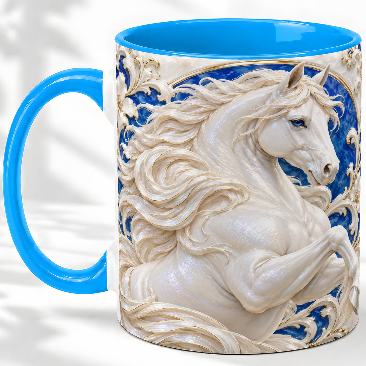 #pl[11oz|Blue] White Horse Floral Accent Mug, Ceramic Drinkware for Horse Lovers