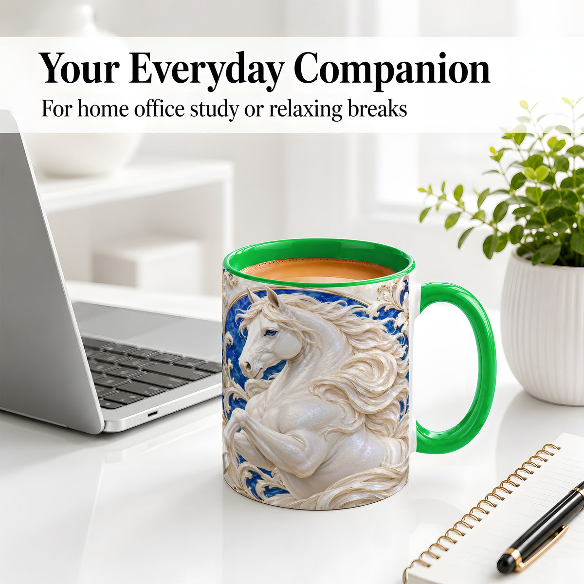 #pl[11oz|Green] White Horse Floral Accent Mug, Ceramic Drinkware for Horse Lovers
